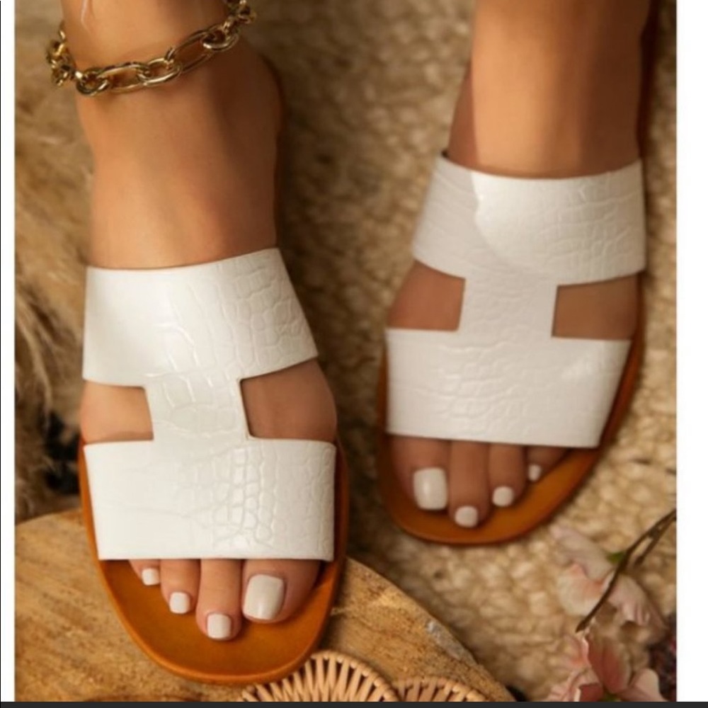 White Croc Embossed Slip On Sandal